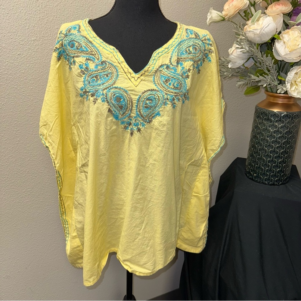 Intro Yellow Embroidered Paisley Tunic Boho Kaftan Top L